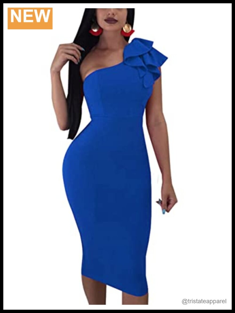 Mokoru One Shoulder Ruffle Bodycon Midi Cocktail Party Dress
